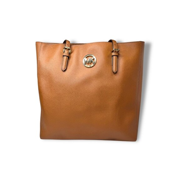 Michael Kors Jet Set Tote Brown Saffiano Leather Adjustable Straps Gold Tone Har - Picture 1 of 9